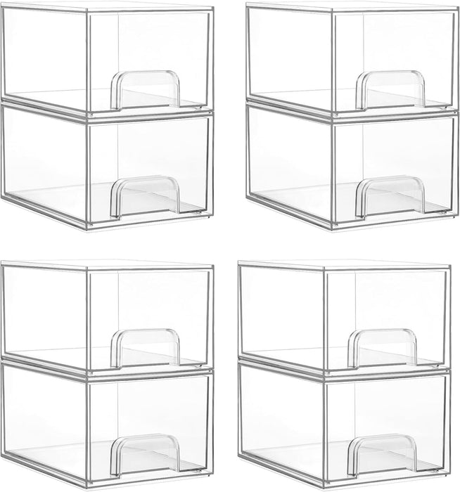 4 Pack Clear Stackable Storage Drawers, 4.4'' Tall Acrylic Bathroom Makeup Organizer,Plastic Storage Bins for Vanity, Undersink, Kitchen Cabinets, Pantry, Home Organization