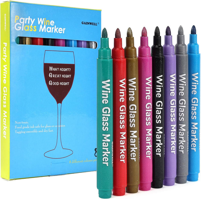 Metallic Wine Glass Markers 8Pcs, Non-Toxic, Food-Safe, Dishwasher-Safe, Wine Glass Marker Pens for Ceramic Plates, Part