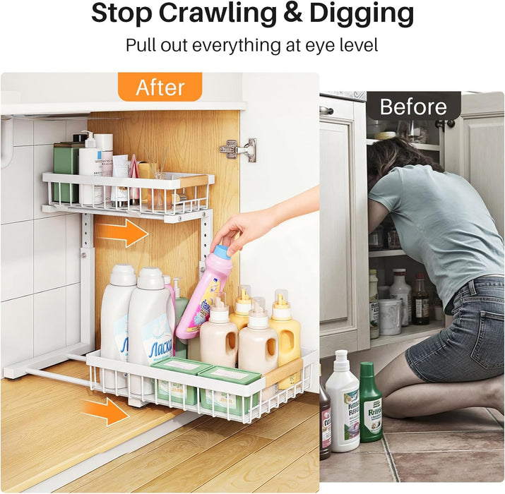 Under Sink Organizer, Adjustable Height, 2 Tier Pull Out Under Cabinet Organizer, Slide Out Thickened Metal Under Sink Storage for Kitchen Bathroom Laundry Pantry Cabinet, White, Large-2-Pack