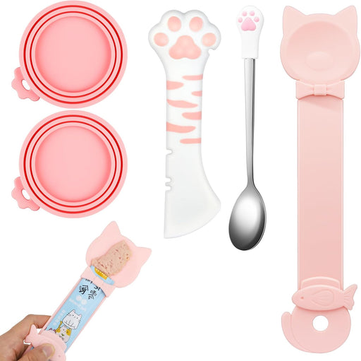 5 PCS Cat Food Can Covers Lids Set, Silicone Pet Food Can Lids with Multi-Function Cat Food Spoon and Opener, Cat Bar Sq