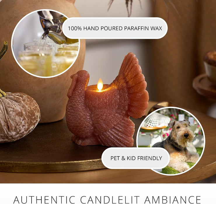 Turkey Flickering LED Candle (5.25" x 6"), Timer Function, Real Unscented Flameless Wax, Chalky Finish, Caramel Café, Fall Harvest Decoration, Autumn Home Decor, Thanksgiving Table Decoration
