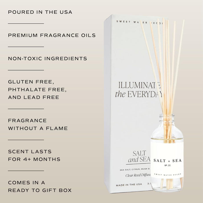 Salt & Sea Reed Diffuser Set - Sea Salt Citrus & Musk Amber Scent Diffuser - Reed Diffusers for Home with Long Lasting Fragrance - Non-Toxic Oil Reed Diffuser - Made in the USA
