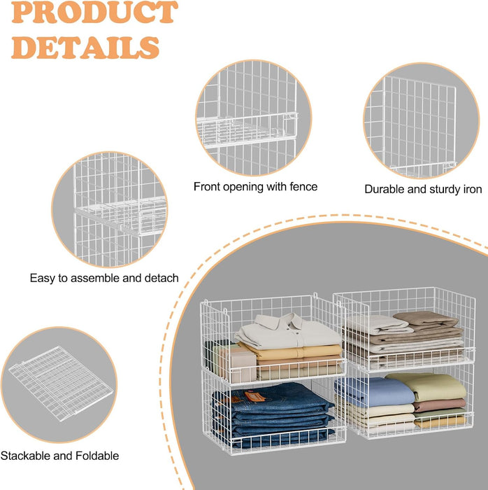 4-Tier Stackable Closet Organizers and Storage Basket, Foldable Closet Shelf Organizer System, Space-Saving Clothes Stor