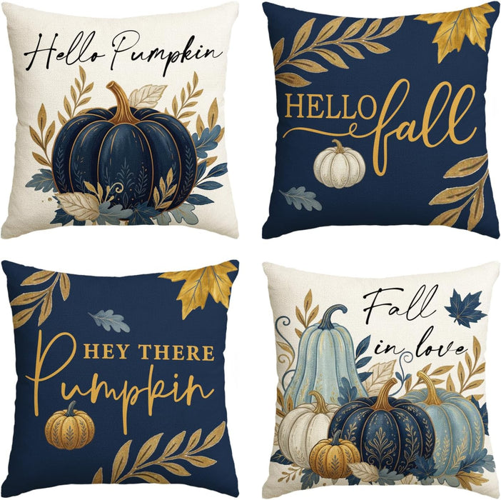 Fall Hello Pumpkin Blue Pillow Covers 18x18 Inch Set of 4