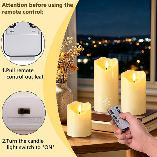 Flickering flameless Candles, Battery Operated Candles with Remote, led Pillar Candles，Electric Candle Set of 3，Christmas Home Wedding Birthday Decor（Ivory White） ﻿ ﻿