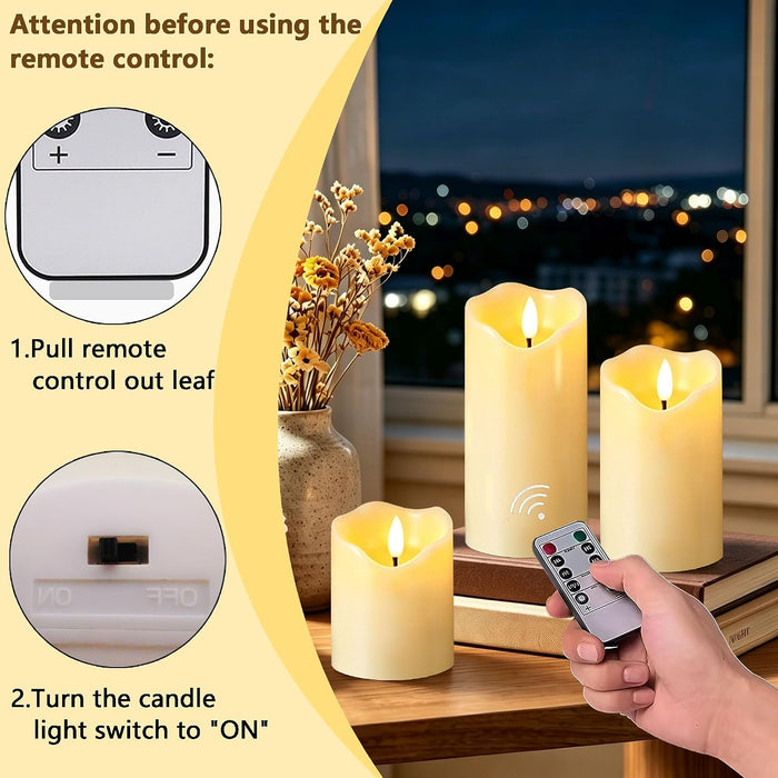 Flickering flameless Candles, Battery Operated Candles with Remote, led Pillar Candles，Electric Candle Set of 3，Christmas Home Wedding Birthday Decor（Ivory White） ﻿ ﻿