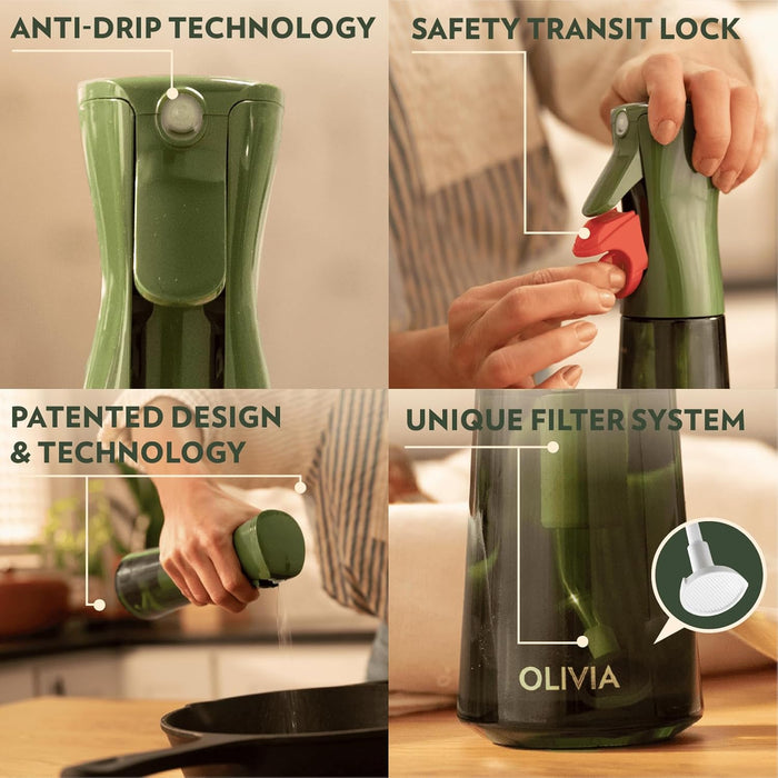 OLIVIA SIGNATURE Oil Sprayer for Cooking, 200ml Glass, Green/Gold