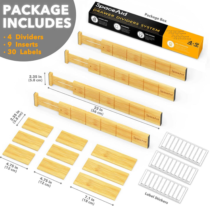 Bamboo Drawer Dividers with Inserts and Labels, Kitchen Adjustable Drawer Organizers, Expandable Organization for Home, 