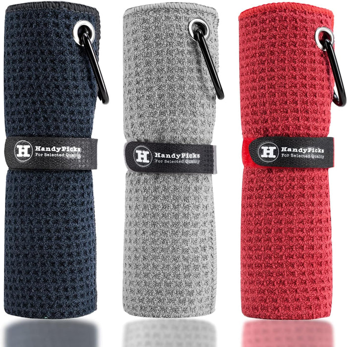Microfiber Golf Towel (16" X 16") with Carabiner Clip, Waffle Pattern Golf Towel Hook and Loop Fastener - The Convenient Golf Cleaning Towel