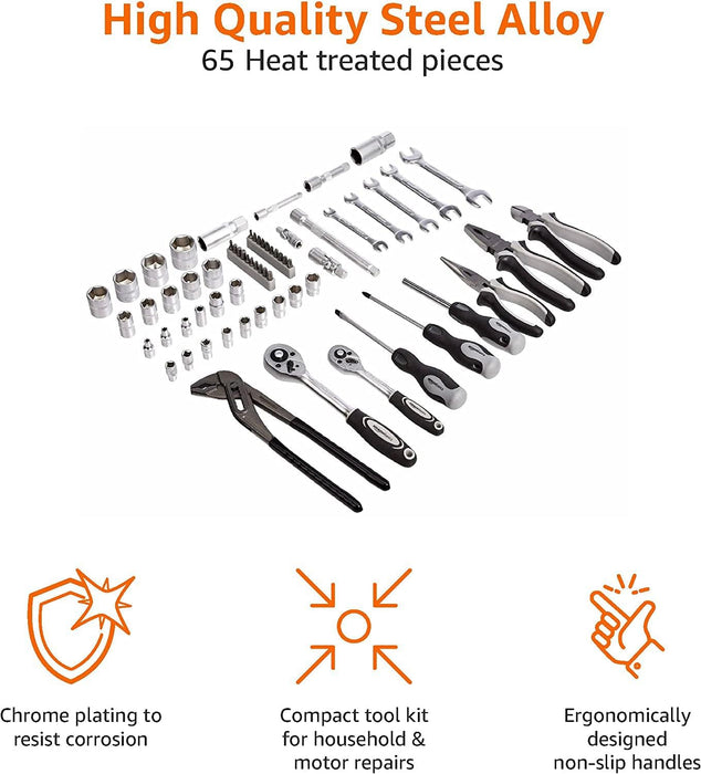 65-Piece General Household Home Repair and Mechanic's Hand Tool Kit Set with Storage Case, Portable, Non-Slip Handles, B