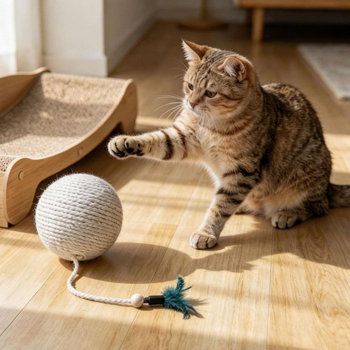 4 in Sisal Cat Ball with Feather, Interactive Hunting Chew Toy for Kittens