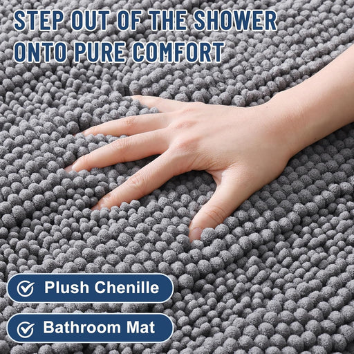 Chenille Bathroom Rugs 30x20, Soft Absorbent Bath Mats, Grey