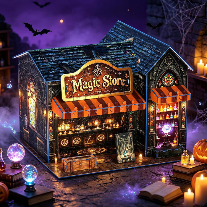 3D Puzzles for Adults,Halloween Magic Store Model Miniature House Kit,3D Paper Puzzle Open-Style Build for Adults Room Home Decor DIY Building House,Halloween Birthday Fun Gifts for Family and Friends