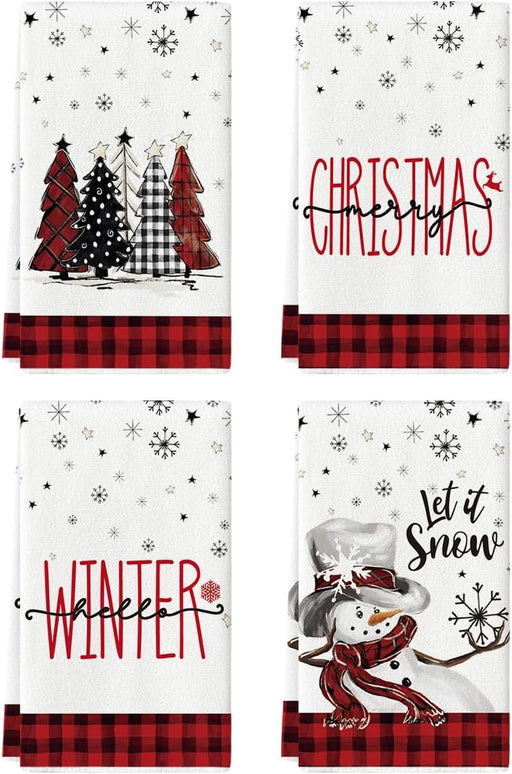 Red Black Snowman Christmas Kitchen Towels Set of 4 18x26 Inch