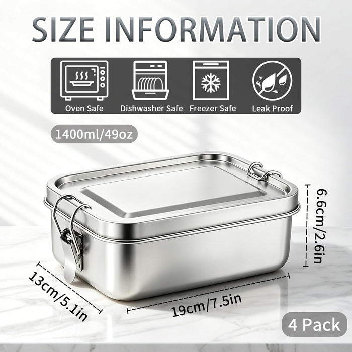4Pcs Stainless Steel Bento Lunch Box, Metal Food Containers, 1400ml