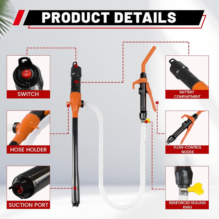 Fuel Transfer Pump Battery Powered - Portable Gas Pump With Nozzle - Orange