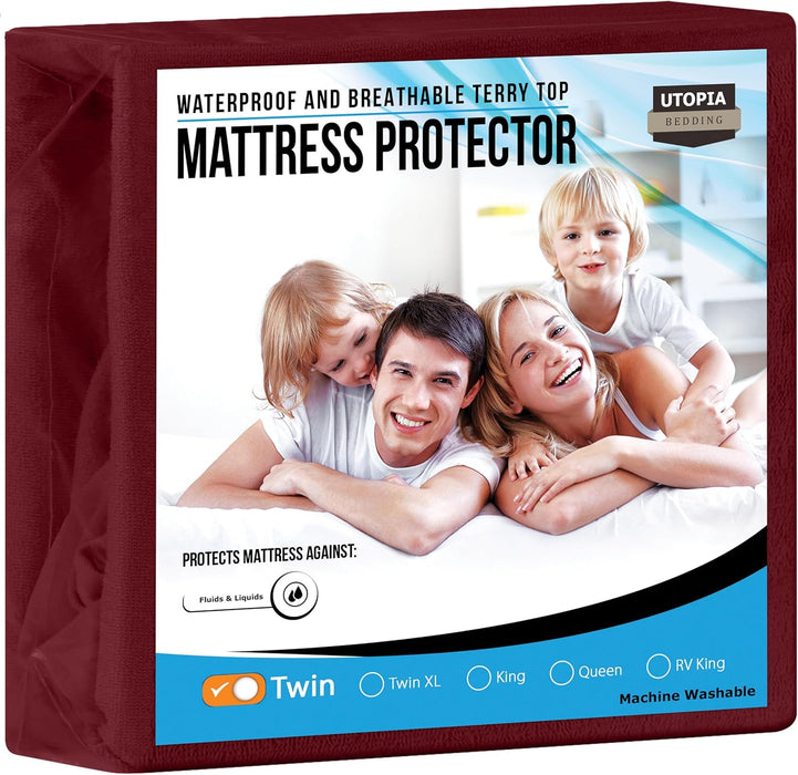 Waterproof Mattress Protector Twin Size, Premium Terry Mattress Cover 200 GSM, Breathable, Fitted Style with Stretchable Pockets (White)