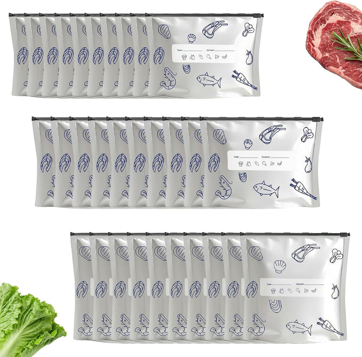 Reusable Aluminum Foil Sealable Storage Bags 30 Pcs, Thicken Stand Up Zip Lock Bags with Label for Food Vegetable Fruit 