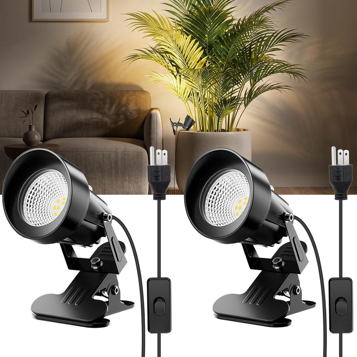 LED Clamp Spot Lights 2 Pack, 3000K Warm White Indoor Spotlights, Clip On Lights with 2.76" Wide Clamp, 270° Adjustable & Switch for Artwork, Plants, Shelves, Displays, Workshop, Desk
