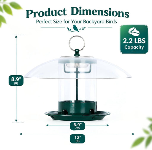 Metal Bird Feeders for Outdoors with 12” Weatherproof Dome, Green