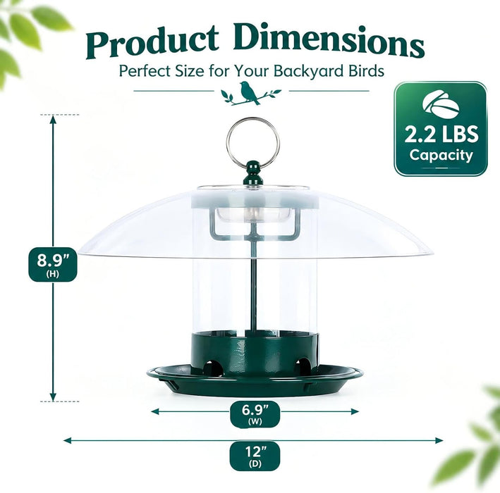 Metal Bird Feeders for Outdoors with 12” Weatherproof Dome, Green