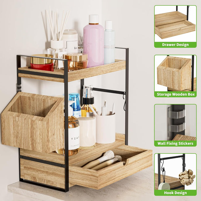 2-Tier Bathroom Counter Organizer, Wooden Vanity Shelf with Drawer & Basket
