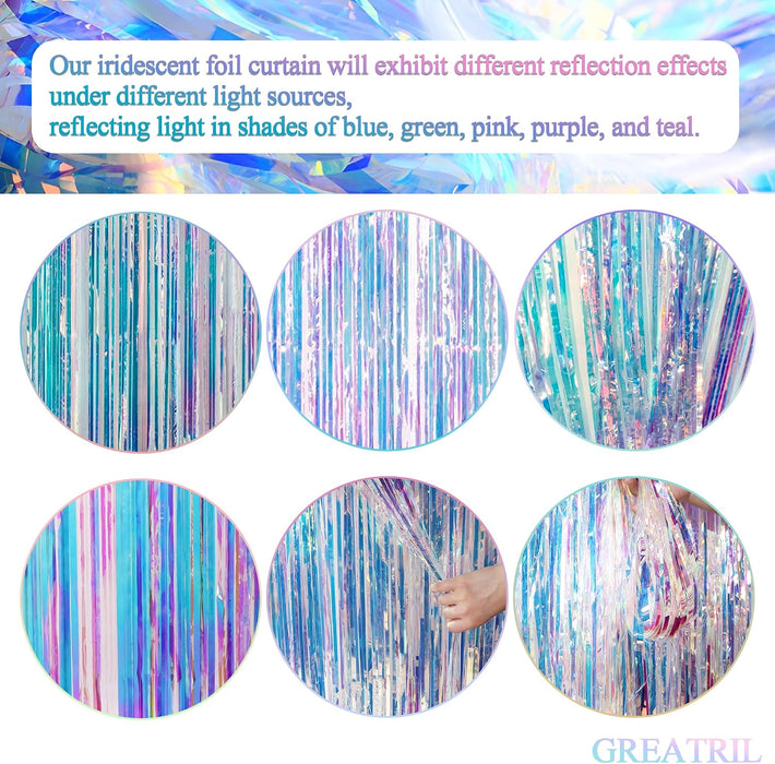 Iridescent Party Streamers Backdrop -  Neon Transparent Holographic Tinsel Foil Fringe Curtain for Mermaid/Frozen/Sea/Euphoria/ERAS Party Theme Decorations 3.2ft x 6.5ft 2 PCS
