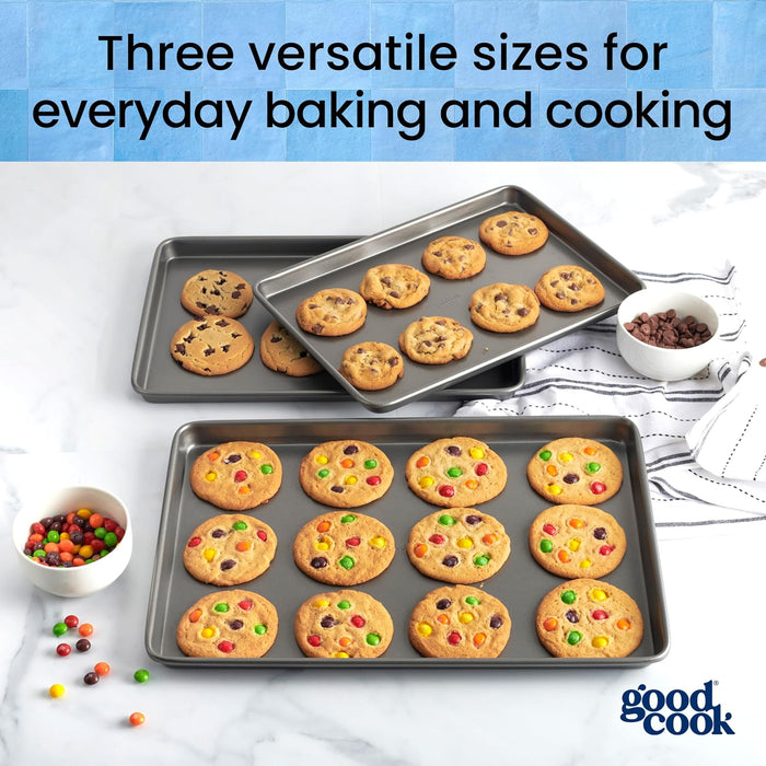 Everyday Nonstick Baking Sheet Set, 3 Pack Includes Small (13×9) Medium (15×1) and Large (17×11) Pans Carbon Steel Const