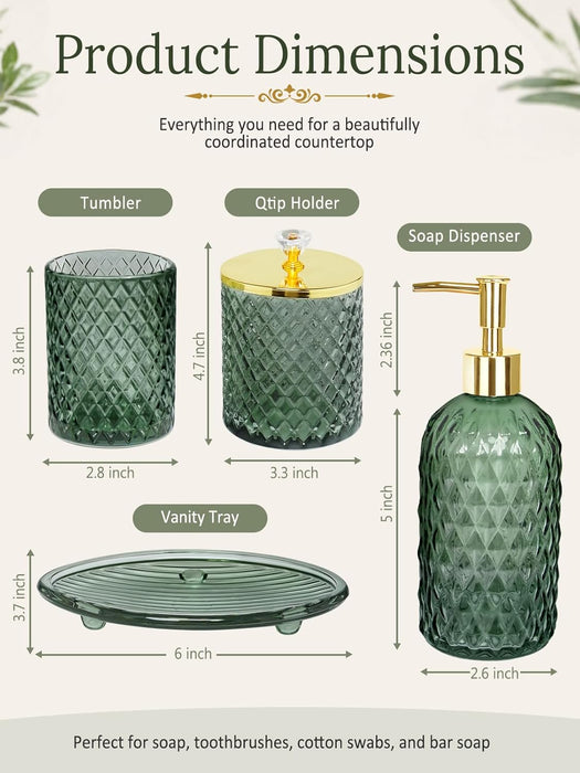 Glass Bathroom Accessories Set, Sage Green Bathroom Set, 4 Pcs