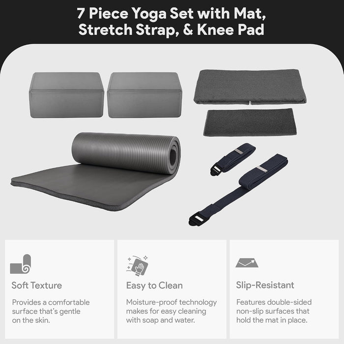 7-Piece Yoga Set with 71x24x0.5 Inches Extra Thick Mat and Carrying Sling – Includes 2 Blocks, Stretch Strap, 2 Towels, and Knee Pad for Home, Studio, and Gym Workouts
