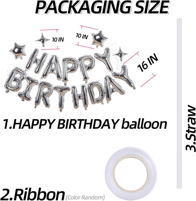 Silver Happy Birthday Balloons Banner Sign Mylar letter Party Decoration