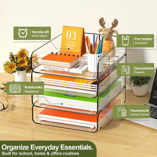 4-Tier Acrylic Paper Tray Organizer, Clear Stackable Desk File Organizer for Documents, Files, Letters, A4 Paper, Books,