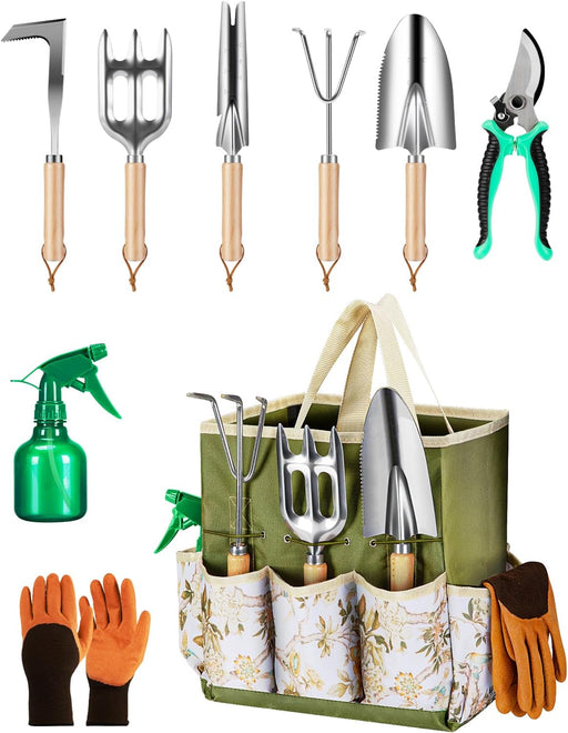 9-Piece Premium Gardening Tool Set for Women - Heavy Duty Stainless Steel Rust-Proof Tools with Fashion Storage Tote | P