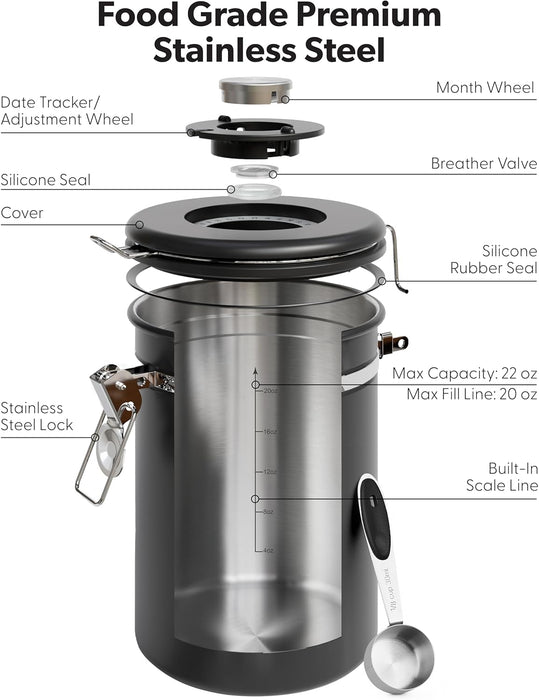 Coffee Canister with Window, Airtight Stainless Steel Container, 22OZ