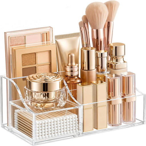 Makeup Organizer with Drawer – Cosmetic Storage for Vanity, Bathroom Countertop & Dresser, Skincare Organizer with Brush