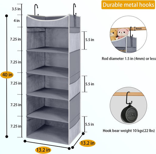 5-Shelf Hanging Closet Organizer and Storage with Side Pockets, Collapsible Closet Hanging Shelves for Storage, Grey