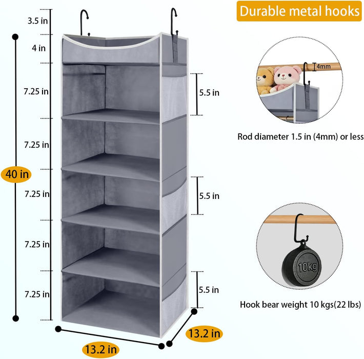 5-Shelf Hanging Closet Organizer and Storage with Side Pockets, Collapsible Closet Hanging Shelves for Storage, Grey