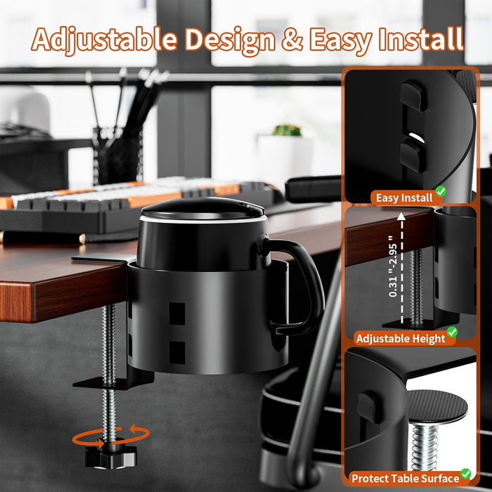 Anti-Spill Large Desk Cup Holder Clamp, Metal Table Cup Holder(Black)