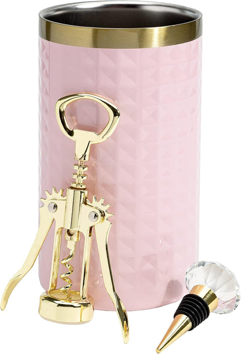 Wine Bottle Chiller Set, Insulated Double Wall Chiller, Gold Winged Corkscrew Wine Bottle Opener, Diamond Wine Stopper, 3-Piece Set, Pink
