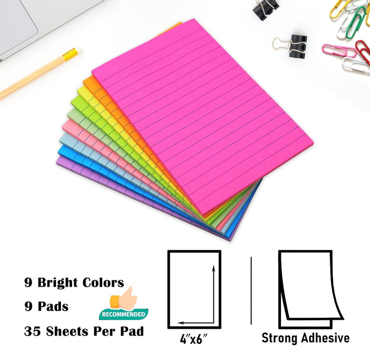 9 Pads Lined Sticky Notes 4x6 in, Bright Large Notepads with Lines