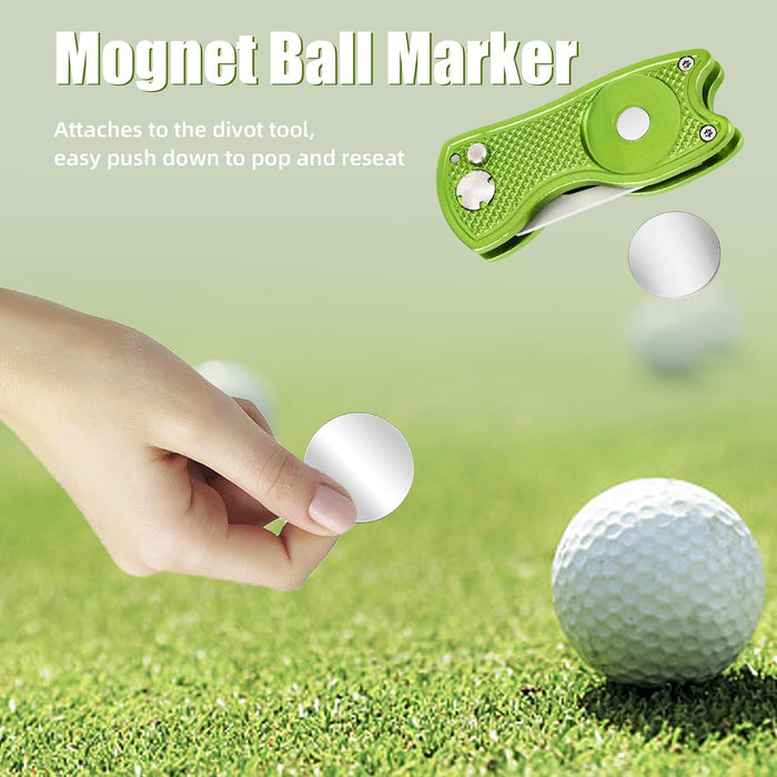 Golf Divot Repair Tool, All Metal Foldable Divot Tool with Pop-up Button & Magnetic Ball Marker, 2-6 Pack