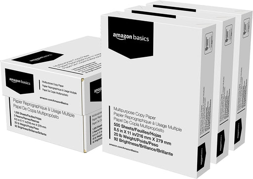 Multipurpose Copy Printer Paper, 20 lb, 8.5 x 11 Inches, 3 Reams (1,500 Sheets), 92 Bright White for Home Use