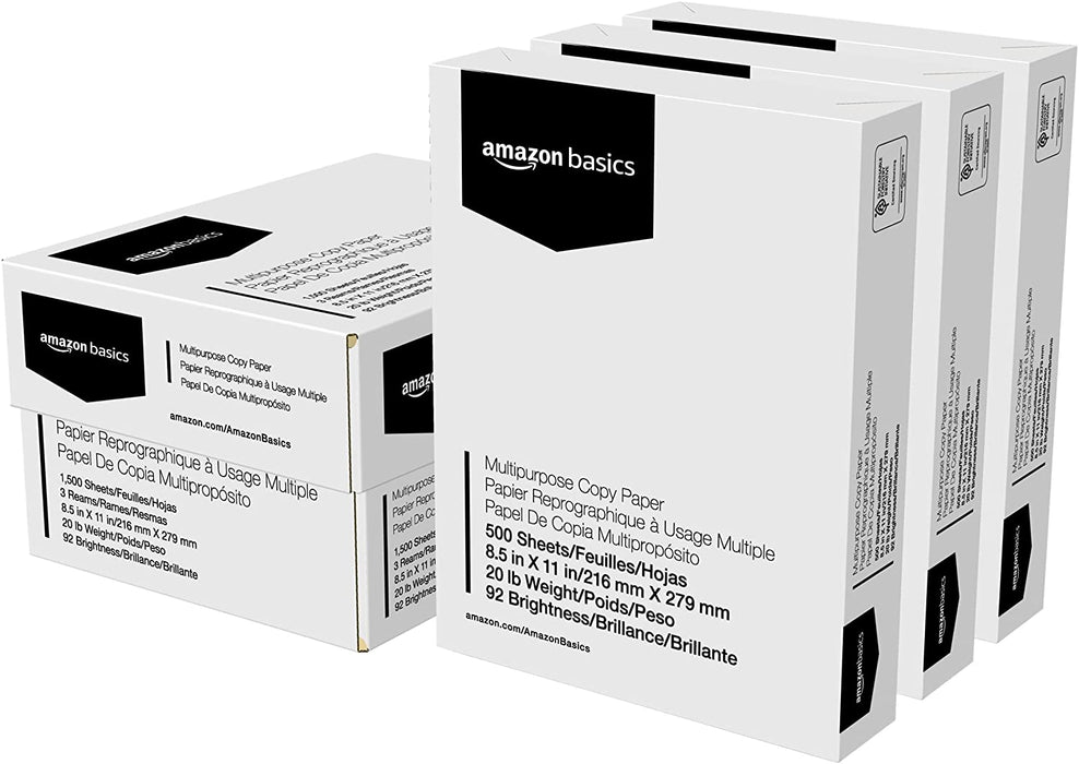 Multipurpose Copy Printer Paper, 20 lb, 8.5 x 11 Inches, 3 Reams (1,500 Sheets), 92 Bright White for Home Use