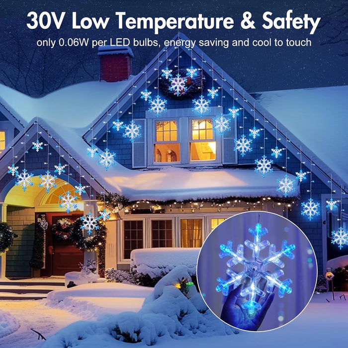 Christmas Snowflake Lights - 13ft 192LED Snowflake Icicle Lights with 16 Drops, 12 Modes and Timer, IP65 Waterproof Connectable Christmas Light for House Eave Window Indoor Outdoor Decoration
