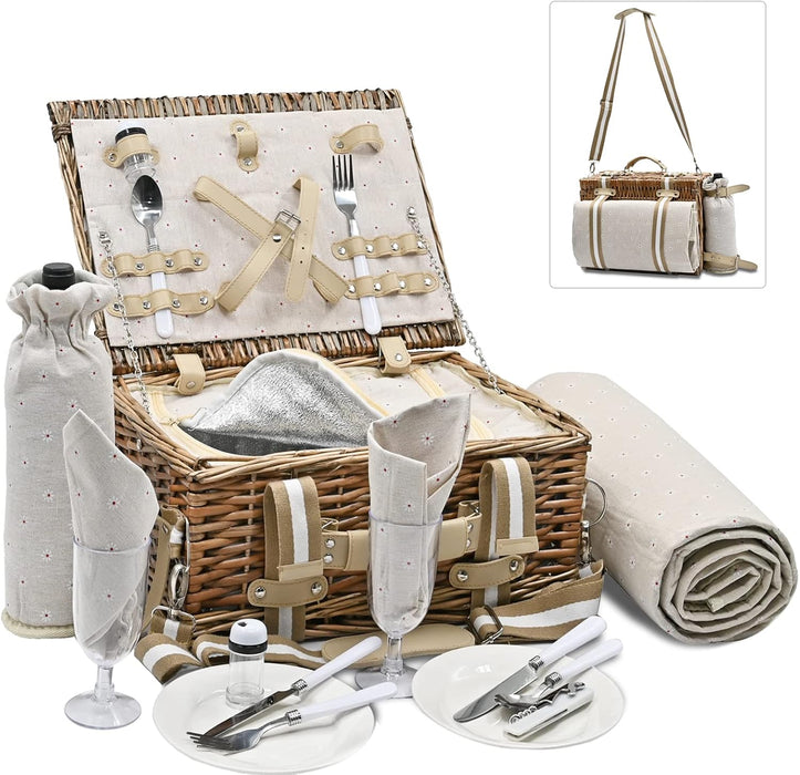 19Pcs Picnic Basket for 2 with Insulated Liner and Waterproof Picnic Blanket Wine Pouch, Large Wicker Picnic Hamper for Camping,Outdoor,Valentine Christmas for Couples