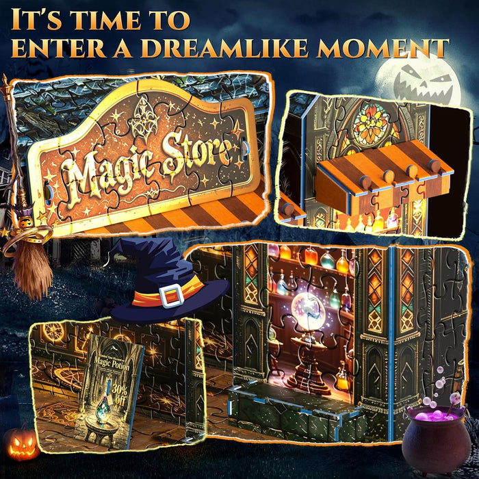 3D Puzzles for Adults,Halloween Magic Store Model Miniature House Kit,3D Paper Puzzle Open-Style Build for Adults Room Home Decor DIY Building House,Halloween Birthday Fun Gifts for Family and Friends
