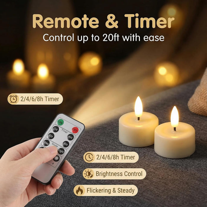 Ivory Flameless Wax Tealights with Remote Batteries, Realistic Flickering LED Tea Votive Candles Set of 10