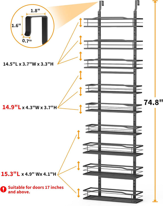 9-Tier Over The Door Pantry Organizer, Pantry Organization and Storage, Black Hanging Basket Wall Spice Rack Seasoning S