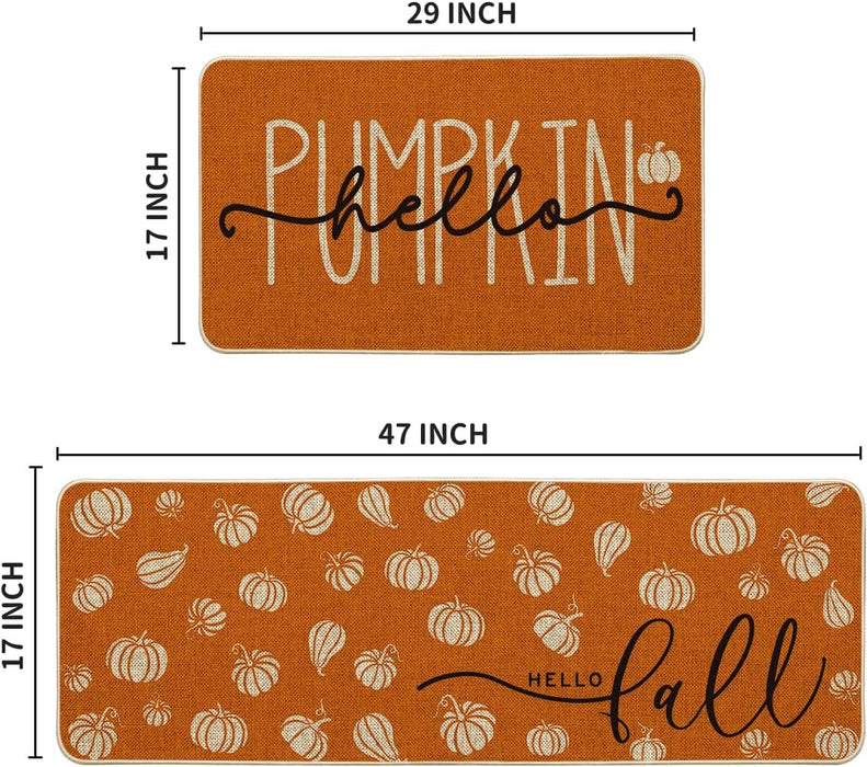 Orange Hello Pumpkin Fall Kitchen Mats Set of 2 - 17x29+17x47"