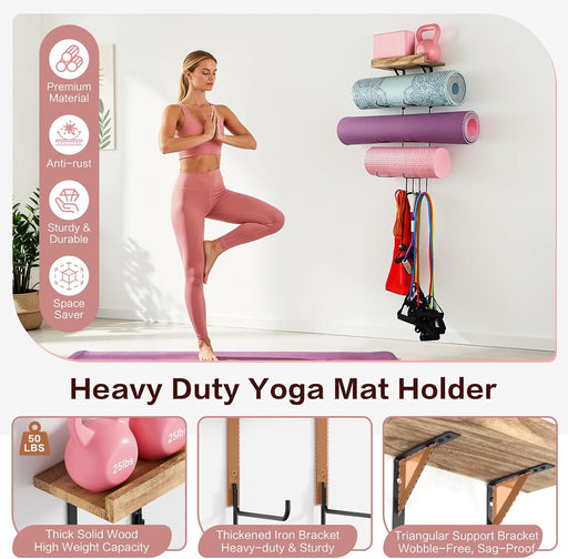 Yoga Mat Holder Accessories Wall Mount Organizer Storage Decor Foam Roller and Towel Storage Rack with 4 Hooks and Woode